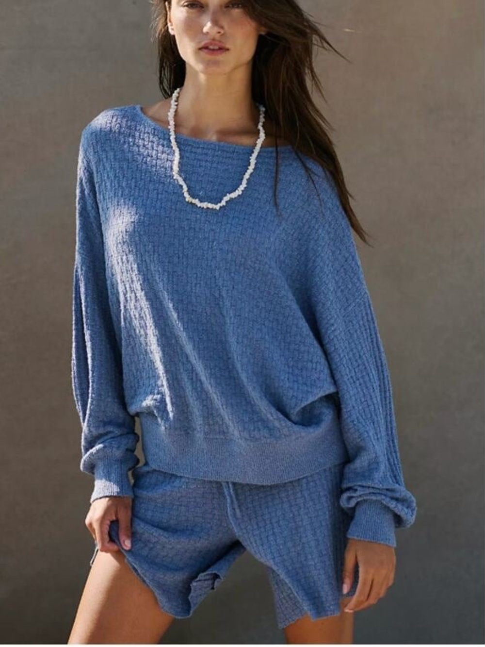 Free People Rowan Sweater Short Set | Soft Knit Blue Women's Boatneck NWOT